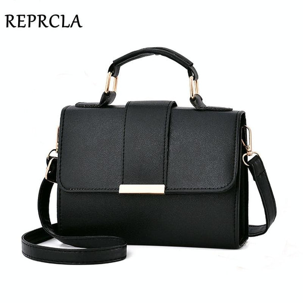 Faux PU Leather Top Handle Flap Shoulder Bag Handbag Gold Accents Black