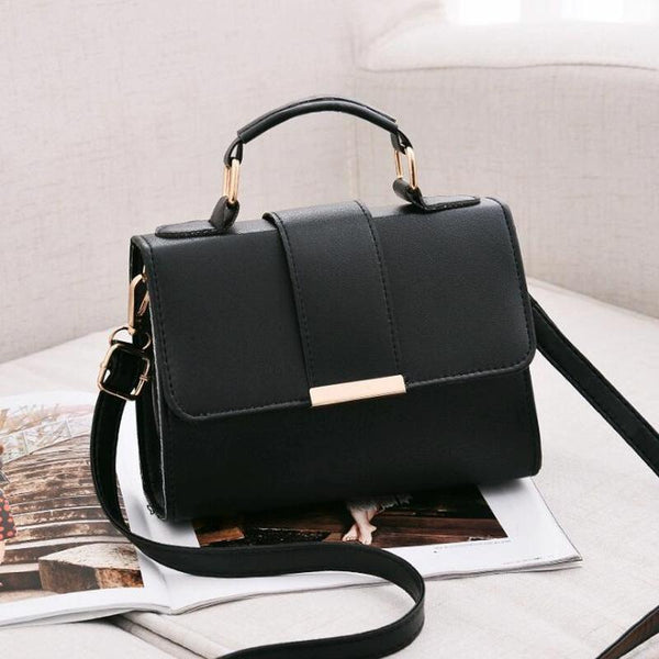 Faux PU Leather Top Handle Flap Shoulder Bag Handbag Gold Accents Black