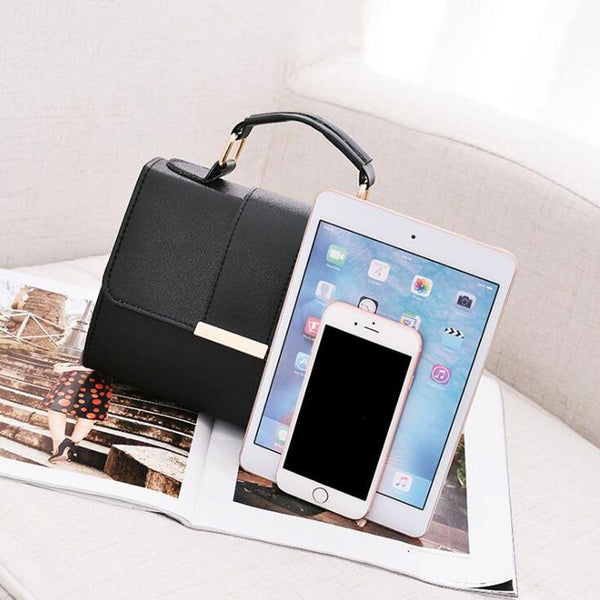 Faux PU Leather Top Handle Flap Shoulder Bag Handbag Gold Accents Black