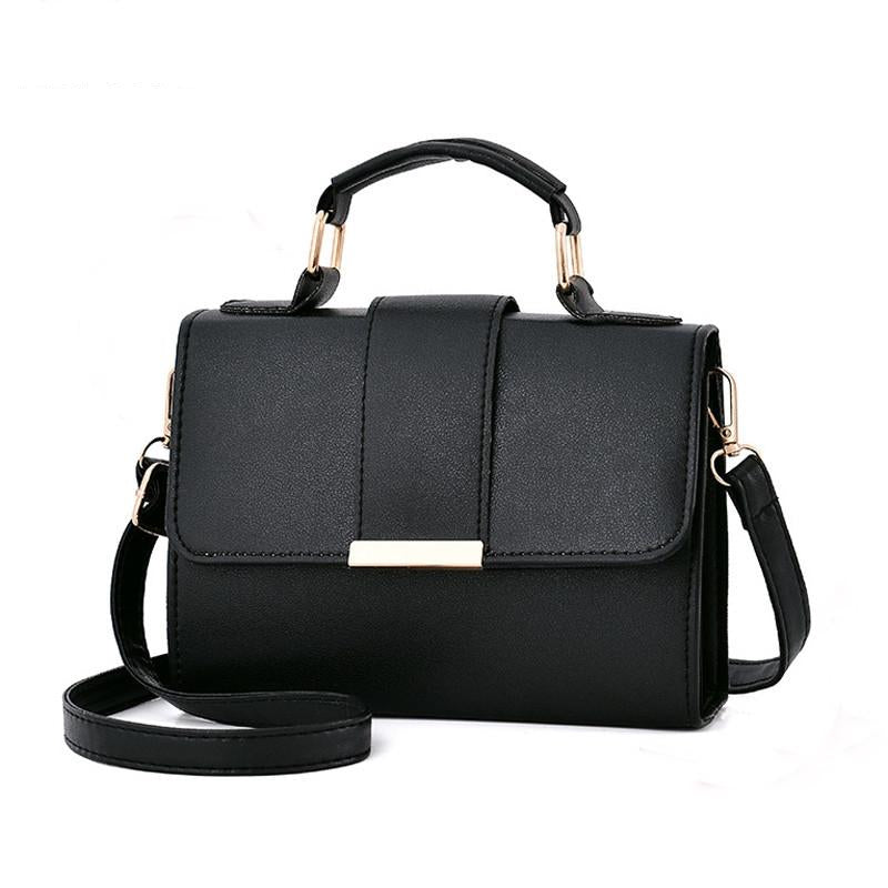 Faux PU Leather Top Handle Flap Shoulder Bag Handbag Gold Accents Black