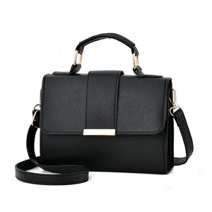 Faux PU Leather Top Handle Flap Shoulder Bag Handbag Gold Accents Black