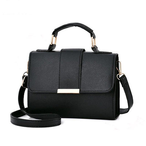 Faux PU Leather Top Handle Flap Shoulder Bag Handbag Gold Accents Black