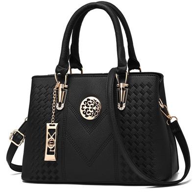 Embroidered Gold Trim Accent PU Leather Crossbody Bag Handbag Black