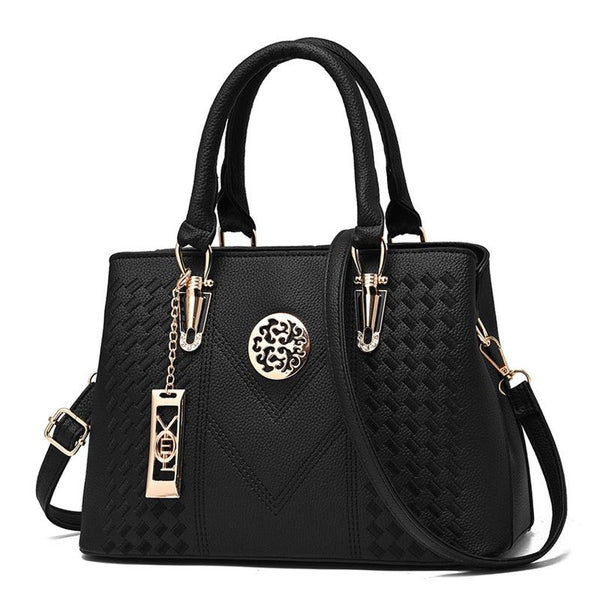 Embroidered Gold Trim Accent PU Leather Crossbody Bag Handbag Black