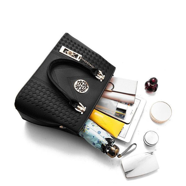 Embroidered Gold Trim Accent PU Leather Crossbody Bag Handbag Black