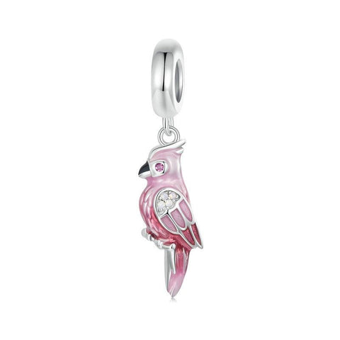 Pink Parrot Enamel Sterling Silver Bead Charm Bracelet Necklace Pendant