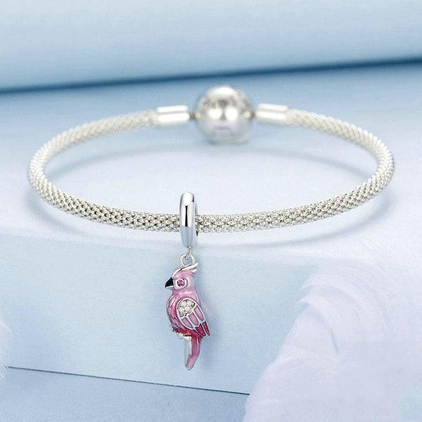 Pink Parrot Enamel Sterling Silver Bead Charm Bracelet Necklace Pendant