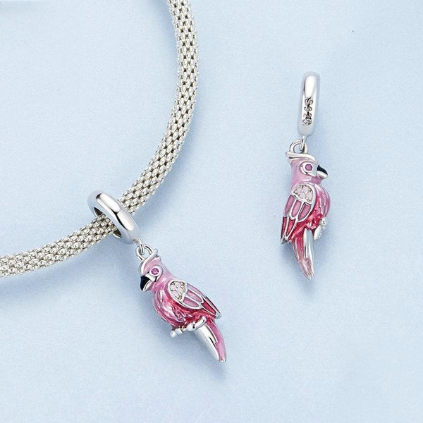 Pink Parrot Enamel Sterling Silver Bead Charm Bracelet Necklace Pendant