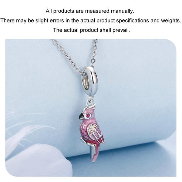 Pink Parrot Enamel Sterling Silver Bead Charm Bracelet Necklace Pendant