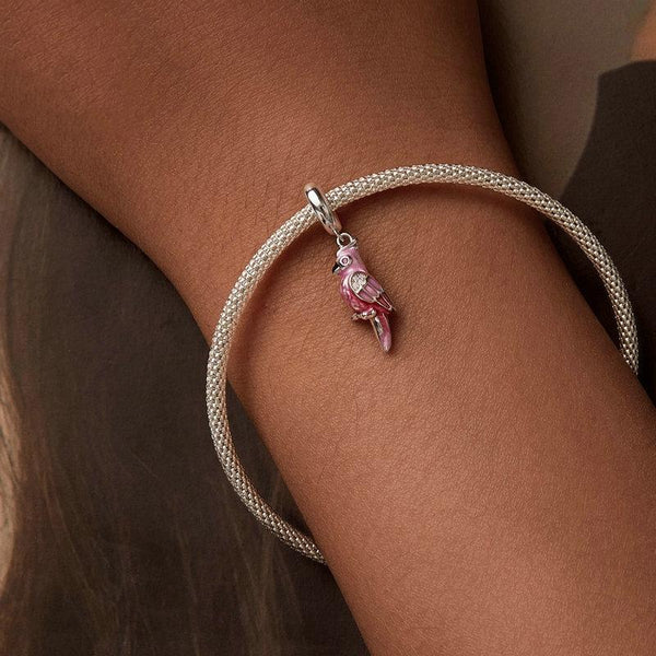 Pink Parrot Enamel Sterling Silver Bead Charm Bracelet Necklace Pendant
