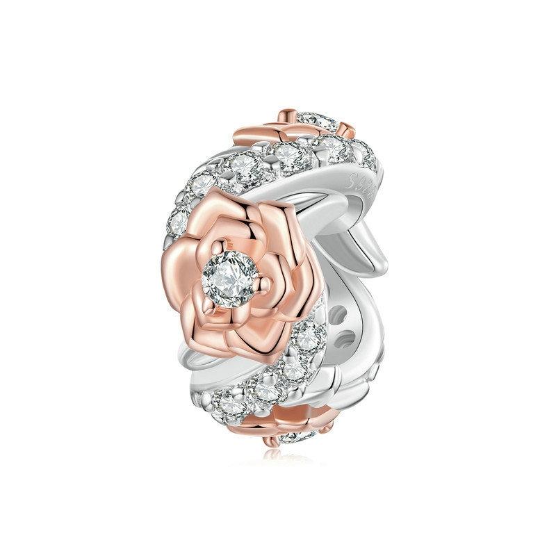 Rose Crystal Sterling Silver CZ Bead Charm Bracelet Necklace Pendant
