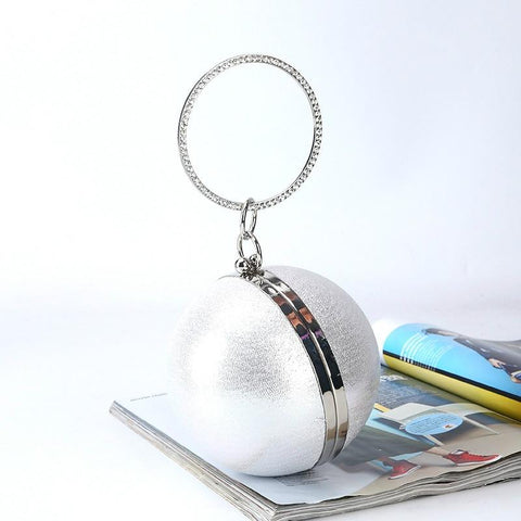 Chic Round Ball Evening Clutch Shoulder Bag Crystal Handle Chain Silver