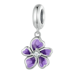 Purple Violet flower Enamel Sterling Silver Bead Charm Bracelet Necklace Pendant