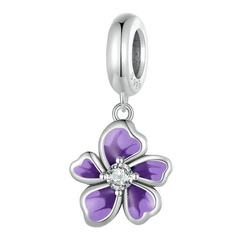 Purple Violet flower Enamel Sterling Silver Bead Charm Bracelet Necklace Pendant