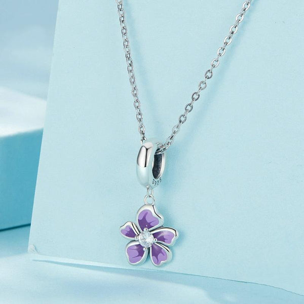 Purple Violet flower Enamel Sterling Silver Bead Charm Bracelet Necklace Pendant