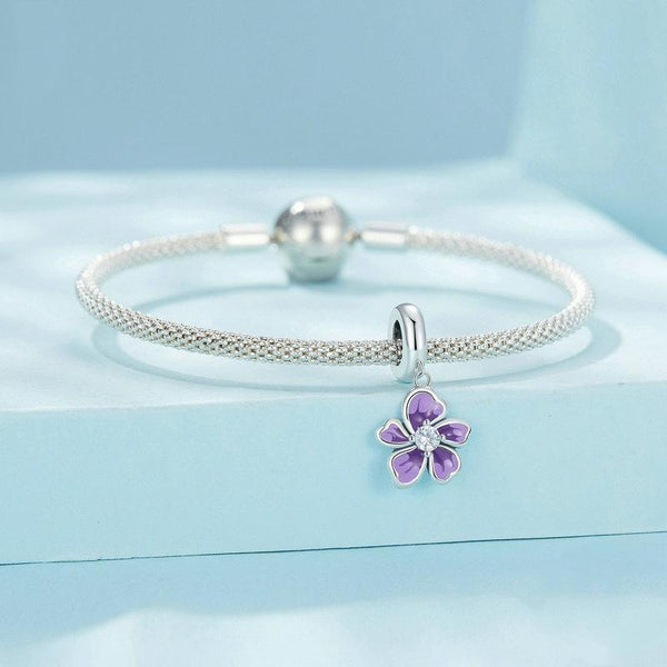 Purple Violet flower Enamel Sterling Silver Bead Charm Bracelet Necklace Pendant