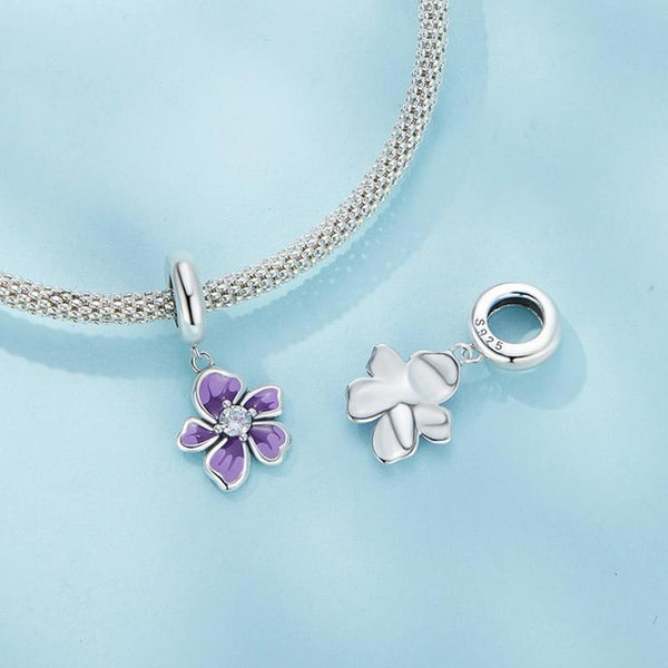 Purple Violet flower Enamel Sterling Silver Bead Charm Bracelet Necklace Pendant