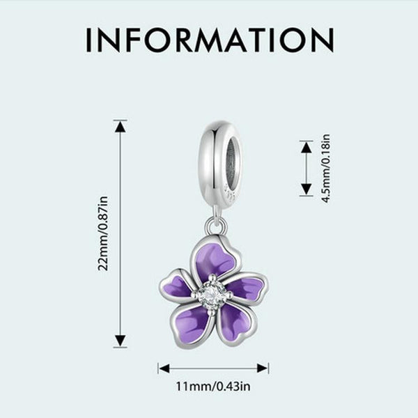 Purple Violet flower Enamel Sterling Silver Bead Charm Bracelet Necklace Pendant