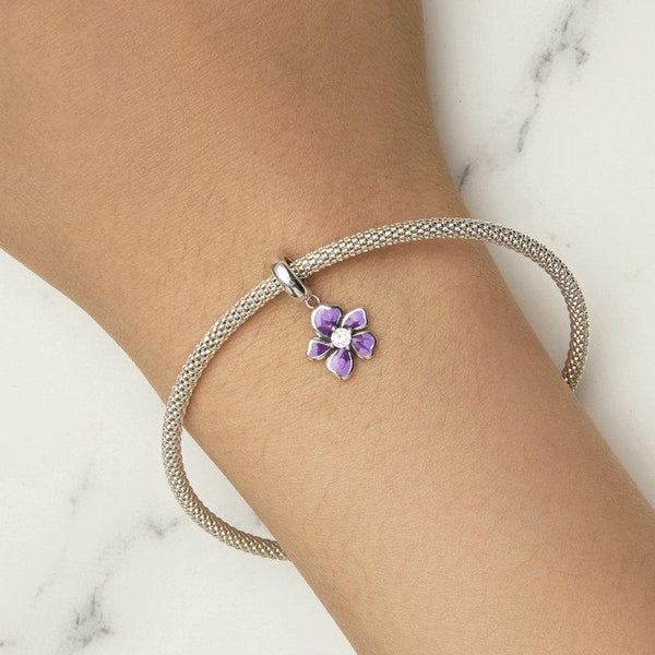 Purple Violet flower Enamel Sterling Silver Bead Charm Bracelet Necklace Pendant