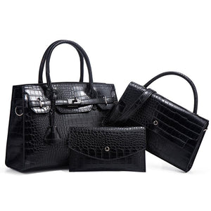 3 Pce Faux PU Crocodile Crossbody Shoulder Tote Purse Bag Set Black