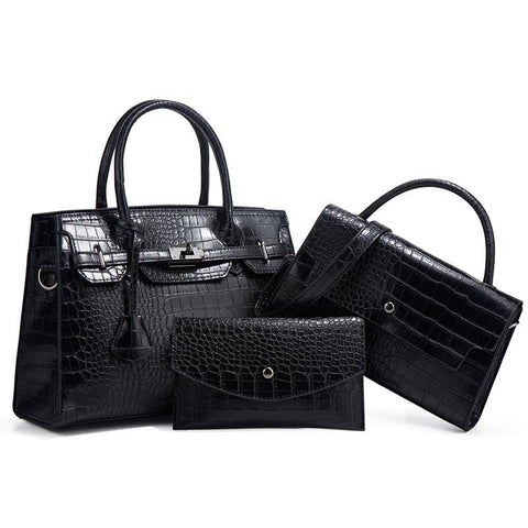 3 Pce Faux PU Crocodile Crossbody Shoulder Tote Purse Bag Set Black