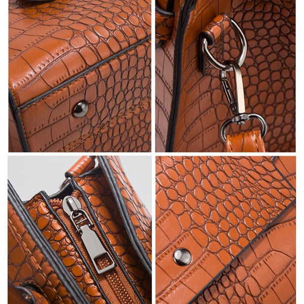 3 Pce Faux PU Crocodile Crossbody Shoulder Tote Purse Bag Set Black