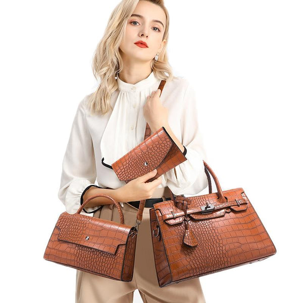 3 Pce Faux PU Crocodile Crossbody Shoulder Tote Purse Bag Set Black