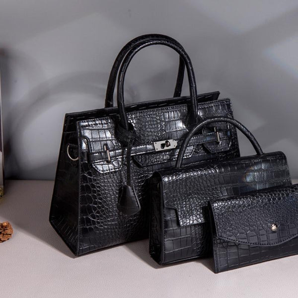3 Pce Faux PU Crocodile Crossbody Shoulder Tote Purse Bag Set Black