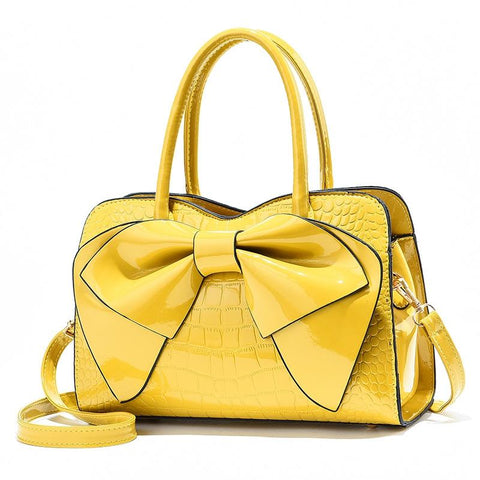 Faux Patent Crocodile PU Leather Womens Shoulder Bag Handbag Bow Design Yellow