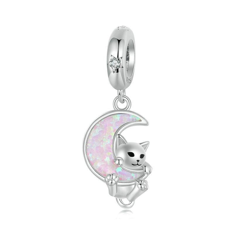 Cat Moon Platinum Plated Sterling Silver Zircon CZ Opal Look Bead Charm Bracelet