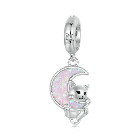 Cat Moon Platinum Plated Sterling Silver Zircon CZ Opal Look Bead Charm Bracelet
