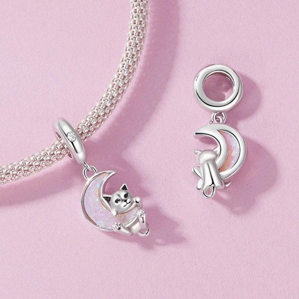 Cat Moon Platinum Plated Sterling Silver Zircon CZ Opal Look Bead Charm Bracelet