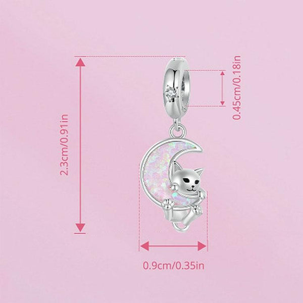 Cat Moon Platinum Plated Sterling Silver Zircon CZ Opal Look Bead Charm Bracelet