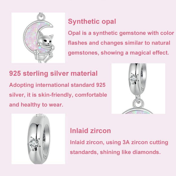 Cat Moon Platinum Plated Sterling Silver Zircon CZ Opal Look Bead Charm Bracelet