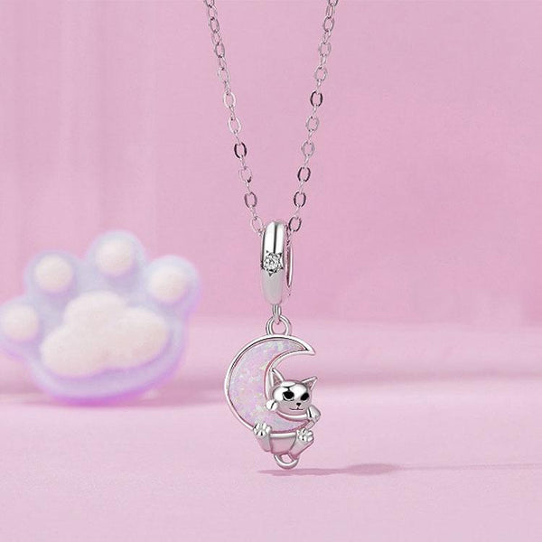 Cat Moon Platinum Plated Sterling Silver Zircon CZ Opal Look Bead Charm Bracelet