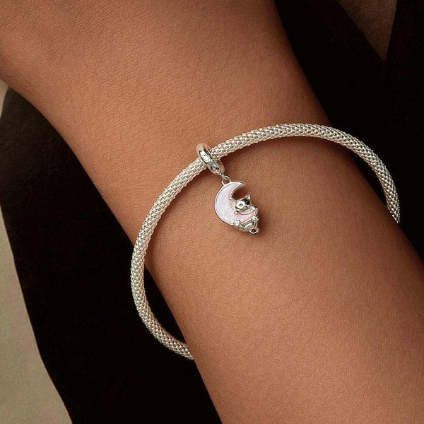 Cat Moon Platinum Plated Sterling Silver Zircon CZ Opal Look Bead Charm Bracelet