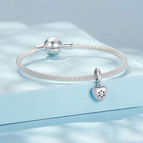 Snowflake Heart Sterling Silver CZ Bead Charm Bracelet Necklace Pendant