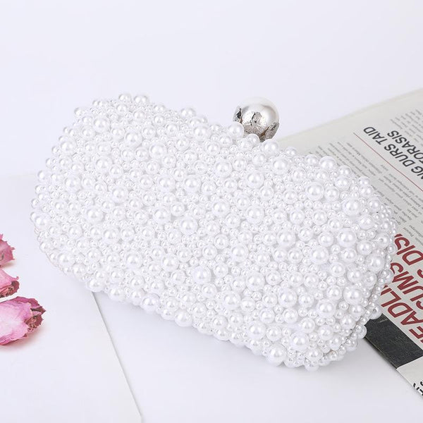 Satin Beaded Faux Pearl Wedding Evening Clutch Crossbody Bag White