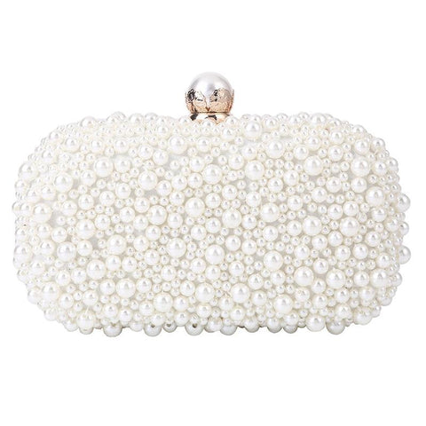 Satin Beaded Faux Pearl Wedding Evening Clutch Crossbody Bag White