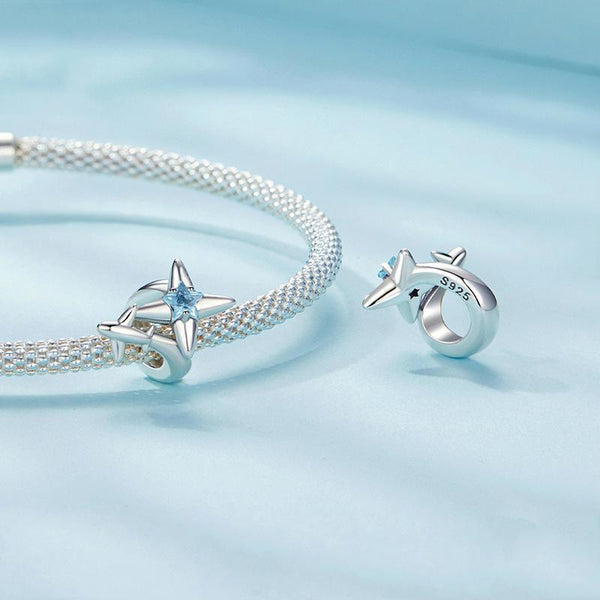 Aeroplane Star Sterling Silver CZ Bead Charm Bracelet Necklace Pendant
