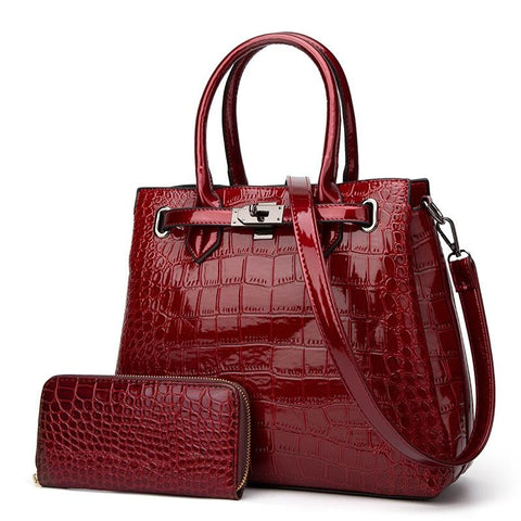 2 Pce Faux Patent Crocodile PU Leather Tote Shoulder Bag Handbag Wallet Wine Red
