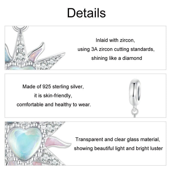 Dazzling Sun Heart Enamel Sterling Silver Bead Charm Bracelet Necklace