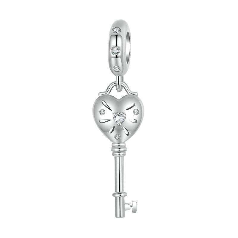 Key Heart Platinum Plated Sterling Silver Zircon CZ Charm Bracelet Necklace