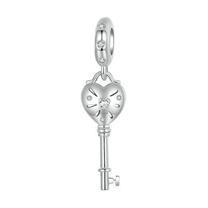 Key Heart Platinum Plated Sterling Silver Zircon CZ Charm Bracelet Necklace