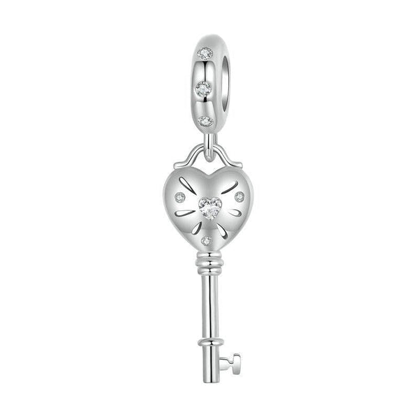 Key Heart Platinum Plated Sterling Silver Zircon CZ Charm Bracelet Necklace