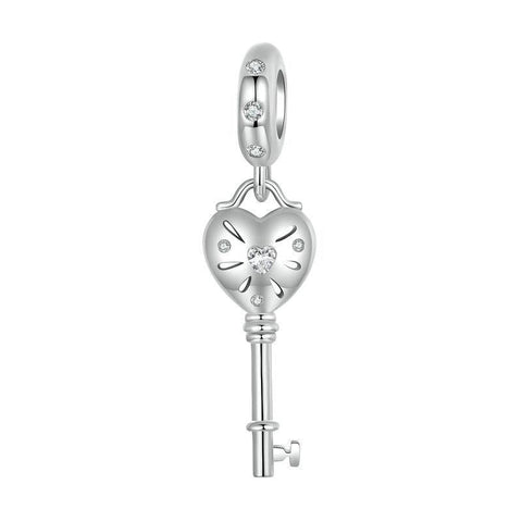 Key Heart Platinum Plated Sterling Silver Zircon CZ Charm Bracelet Necklace