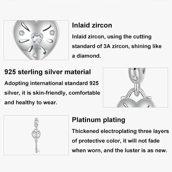 Key Heart Platinum Plated Sterling Silver Zircon CZ Charm Bracelet Necklace