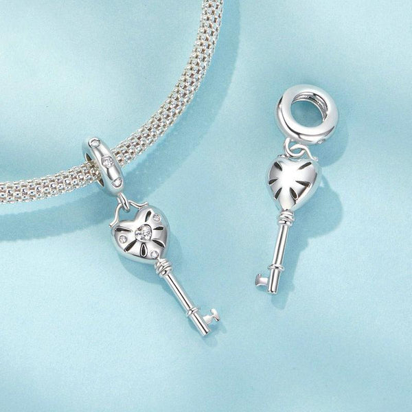 Key Heart Platinum Plated Sterling Silver Zircon CZ Charm Bracelet Necklace