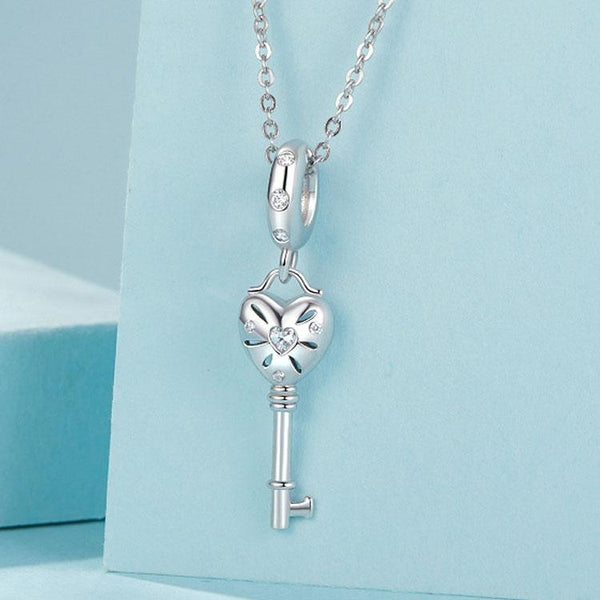 Key Heart Platinum Plated Sterling Silver Zircon CZ Charm Bracelet Necklace