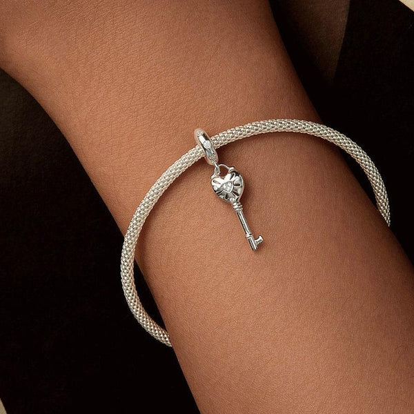 Key Heart Platinum Plated Sterling Silver Zircon CZ Charm Bracelet Necklace